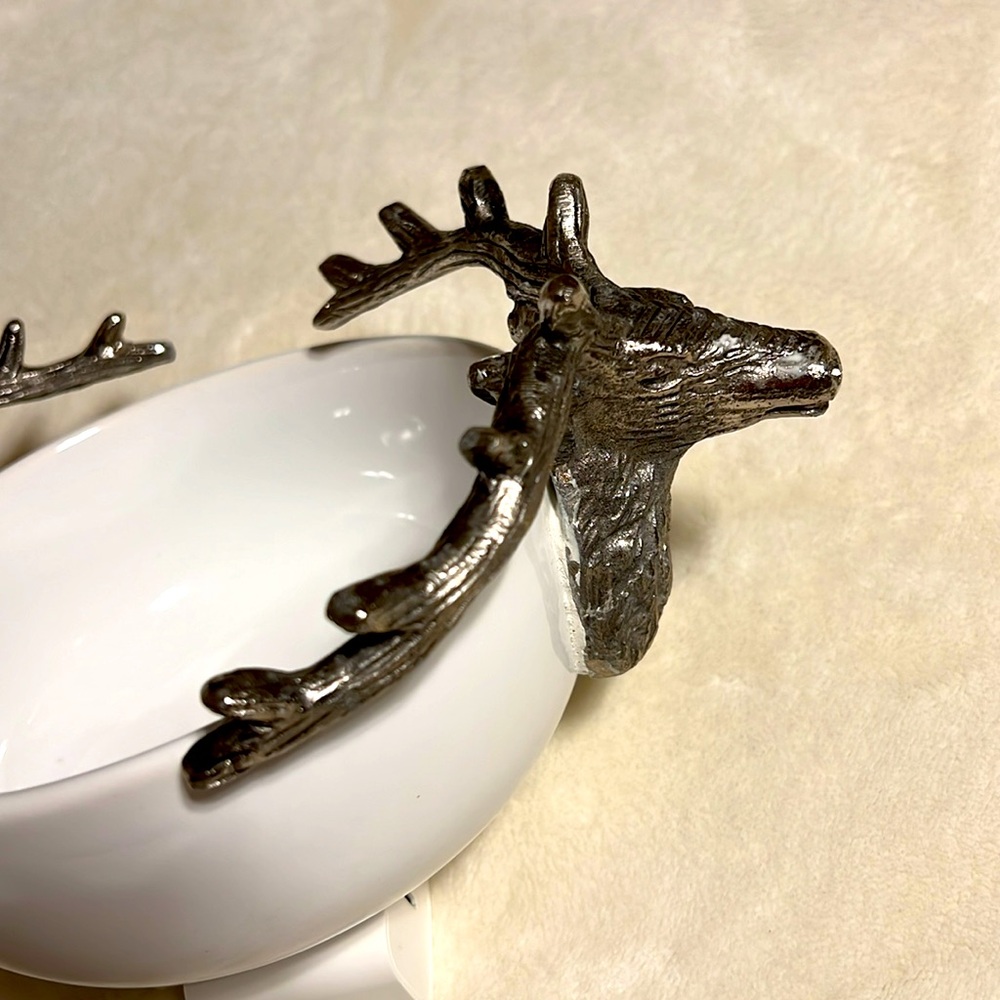 White Ceramic Bowl with Silver Deer Handles. Holiday Decor. 6.25” - Picture 3 of 9